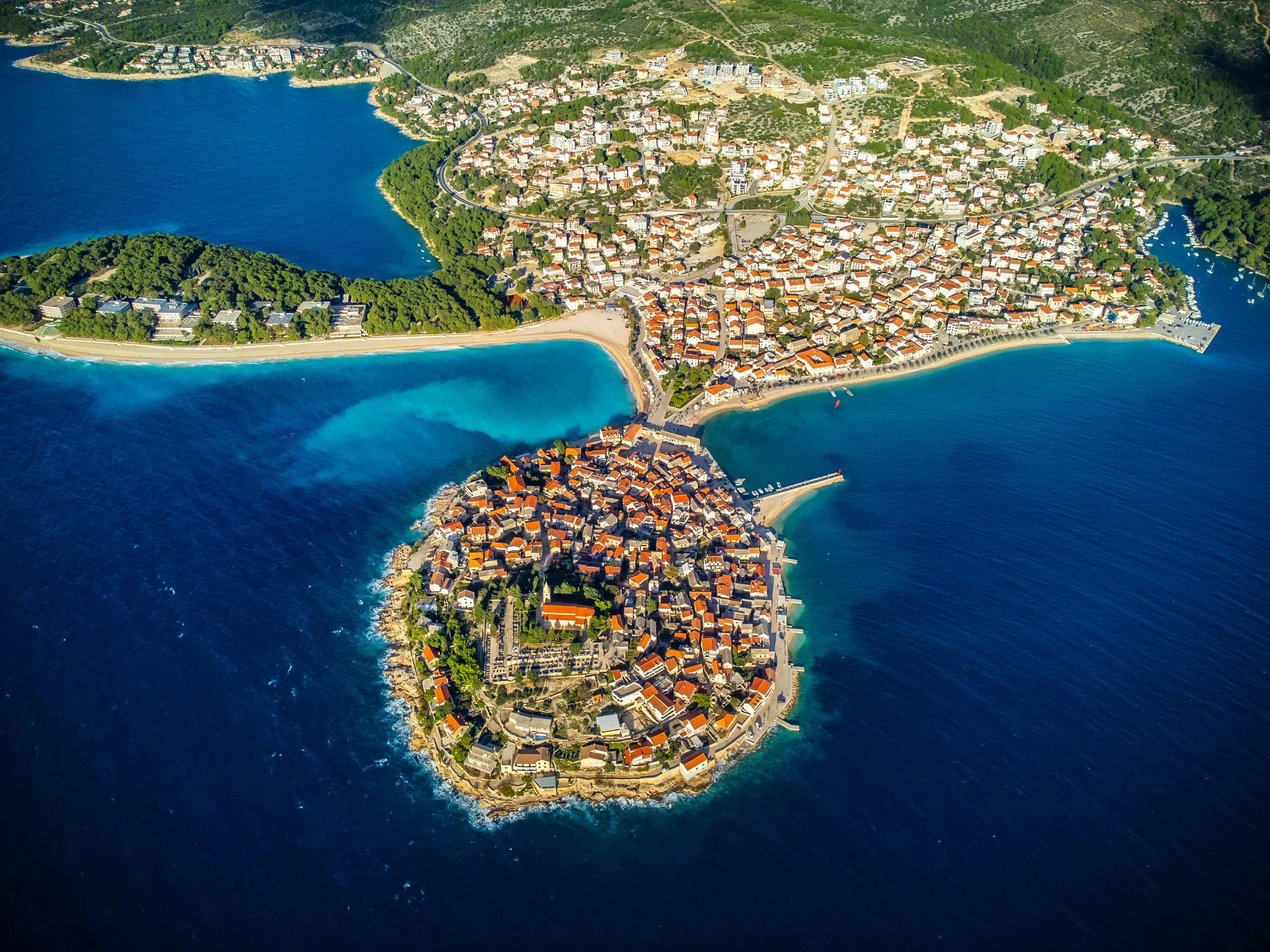 Aerial view of the stunning peninsula town of Primošten